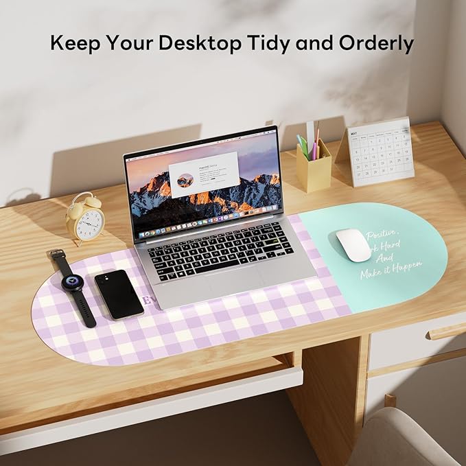 Checkered Pattern Desk Pad Protector, 35.5 x 13'' Aesthetic Mouse Mat for Desktop, Waterproof PU Leathe Non-Slip Desk Writing Pad for Office and Home, Purple and Blue