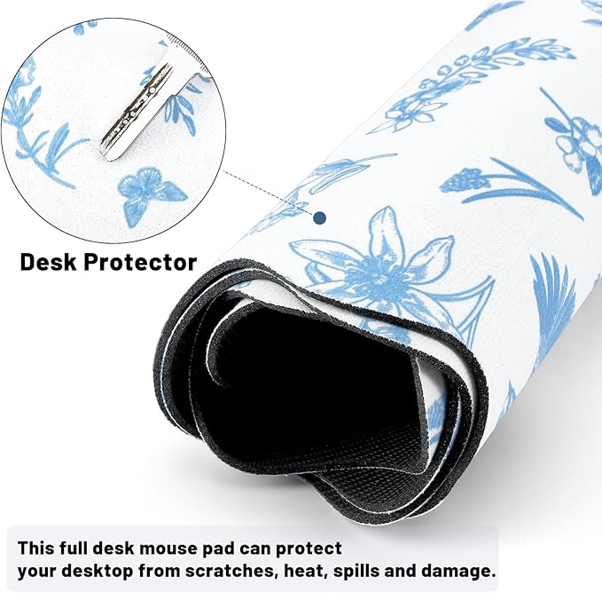 Scalloped Desk Mat Large Blue and White Floral Chinoiserie Mouse Pad 35.4'' x 15.7'' Vintage Nonslip Rubber Keyboard Pad for Laptop Computer Keyboard Vanity Work Home Decor