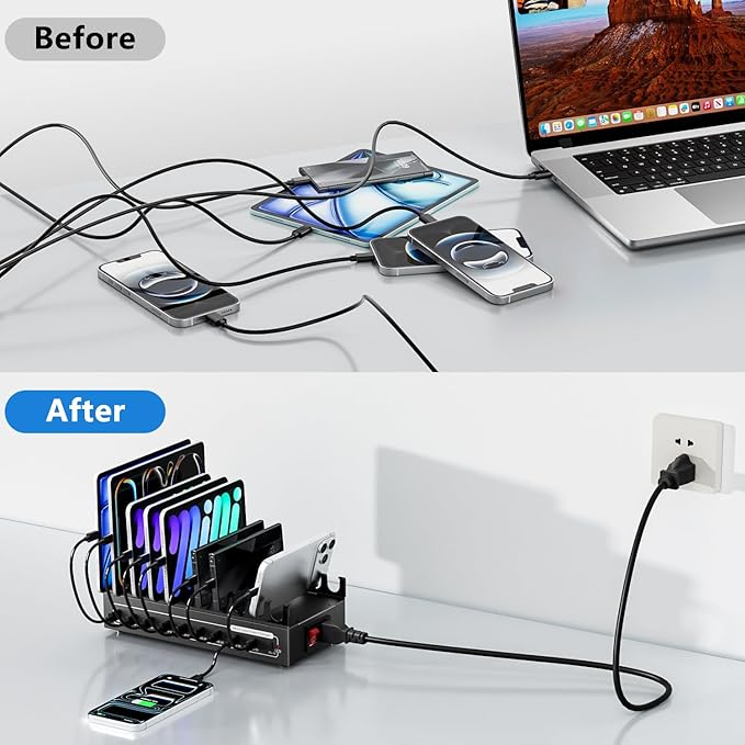 200W Charging Station for Multiple Devices, 10 Ports USB C Fast Charger Station, Desktop Multi-Port Fast Charger with Storage Dividers, Compatible with Cellphone, Kindle, Tablet, iPhone, iPad and More