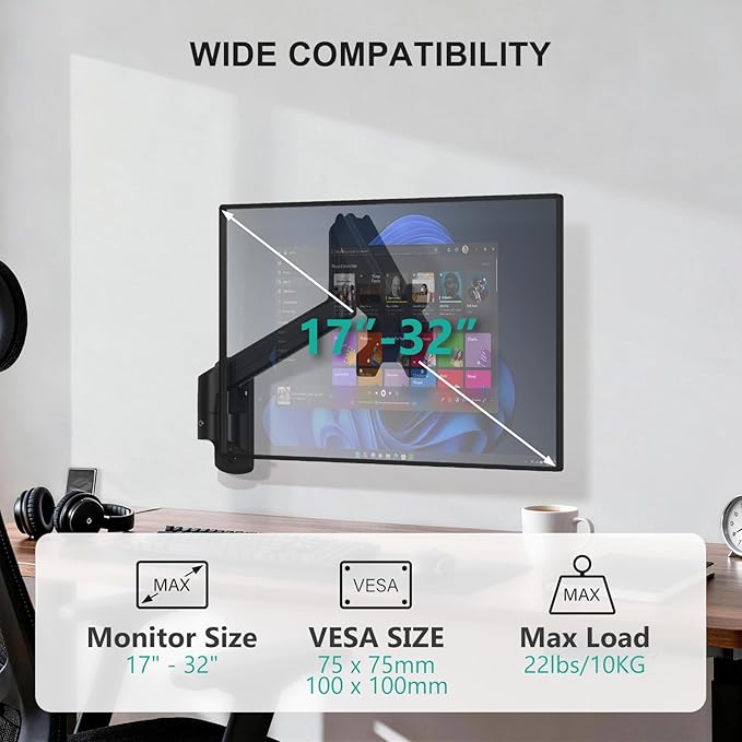 WALI Computer Monitor Wall Mount for 17 to 32 Inch Screens, Single Monitors Mount Holds up to 22lbs, Fully Adjustable Wall Mount Monitor Arm, 75x75/100x100mm VESA Mount (GSWM001), Black