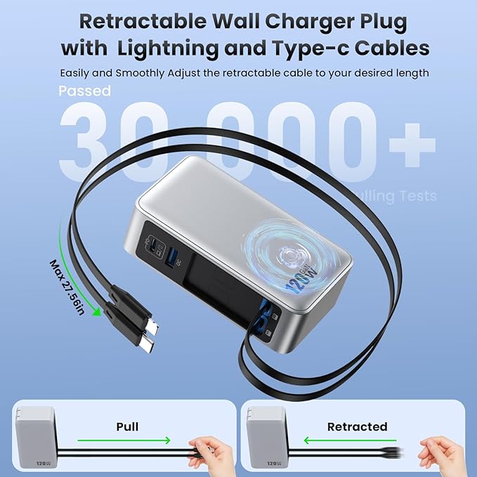 USB C Charger Block 120W with Built-in 2 Retractable Cables,4-in-1 GaN IV Charger Fast Charging Foldable Plug Wall Charger,PD 65W Laptop Charger for MacBook,iPad,iPhone 17/16/15,Galaxy,Android-Silver