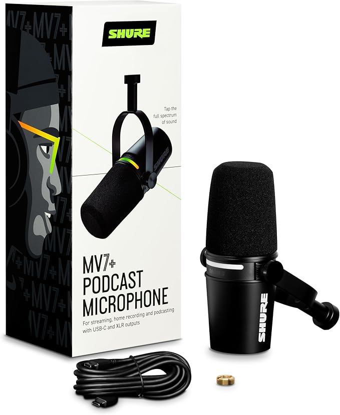 Shure MV7+ Podcast Dynamic Microphone – OBS Certified, Enhanced Audio, LED Panel, USB-C & XLR Outputs, Auto Level Mode, Digital Pop Filter, Reverb Effects – for Podcasting, Streaming, Recording, Black