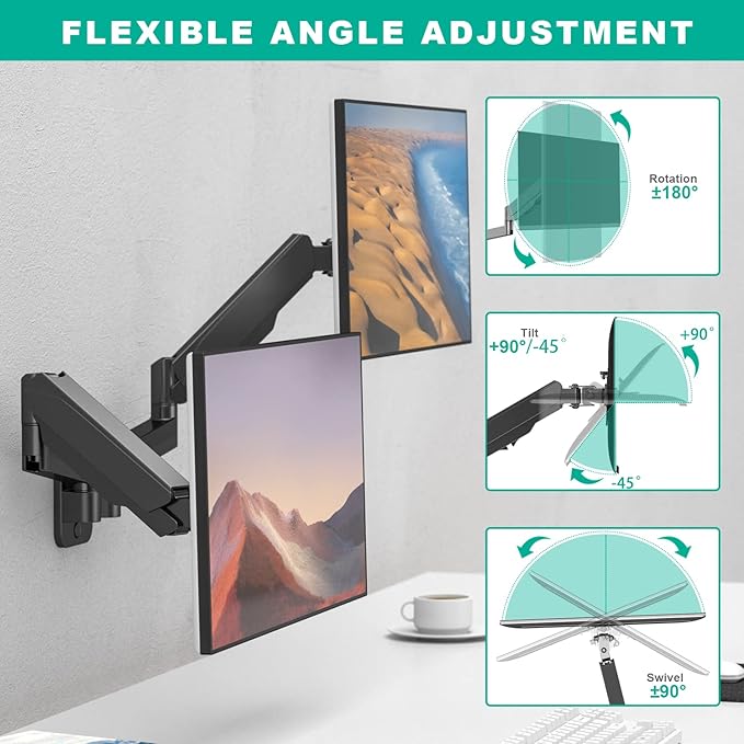 UPGRAVITY Dual Monitor Wall Mount, Double Monitor Wall Stand for Two 17-32 inch Flat Computer Screens, Height Adjustable Gas Spring Mounted Bracket Arms Hold up to 17.6lbs, VESA 75/100