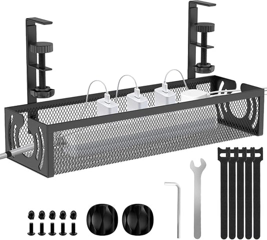 Cable Management, 15'' Under Desk Cable Management Tray No Drill, Metal Cable Organizer with Clamp for Wire Management, Cord Organizer for Home Office, Desk Accessories Organizer, Black by LOVJOYSE