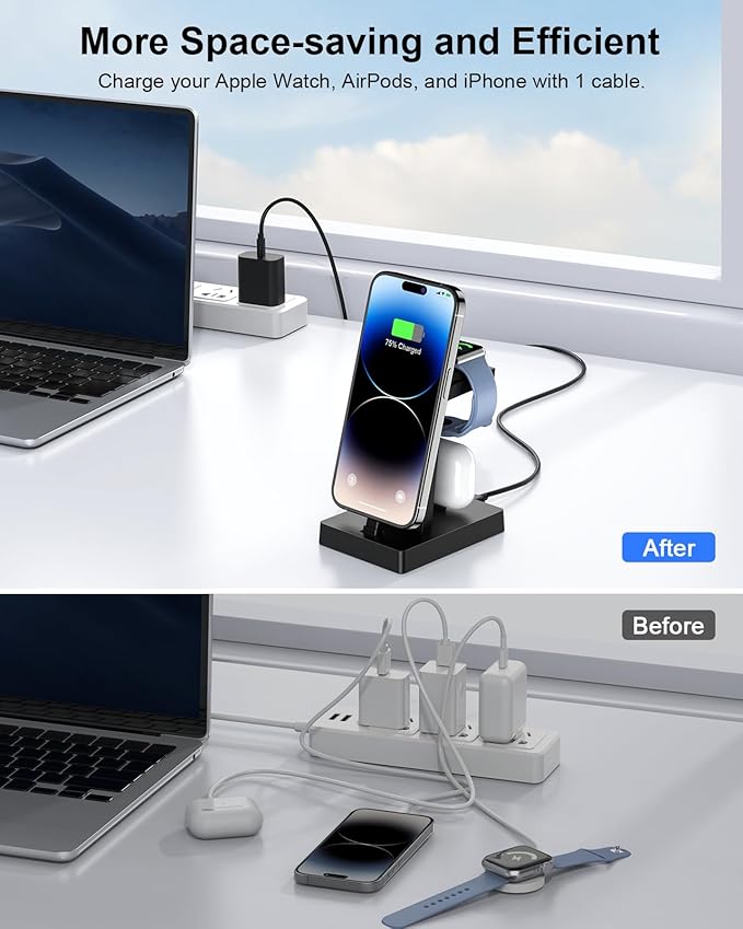 30W Charging Station for Multiple Devices - ADADPU 3 in 1 Charger Stand for iPhone 14/13/12/11/XR/XS/X/8/7(Not for iPhone 15/16/17 USB C), Charging Dock for AirPods Apple Watch Series 8/7/6/5/4/3/2/SE