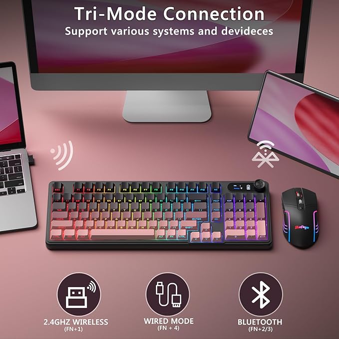 BlueFinger Wireless Gaming Keyboard and Mouse Combo, RGB Backlit, Tri-Mode Bluetooth/2.4G/USB-C Wired, 98 Keys Quiet Keyboard with Number Pad, Volume Knob & Screen, 4800 DPI Mouse for PC/Mac/Laptop