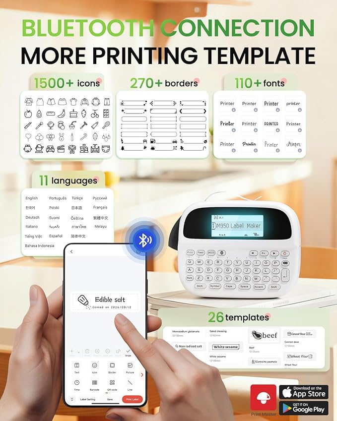 Label Maker Machine with-Tape, Rechargeable Backlit Portable Label Maker, Handheld Labeler Machine with Tapes, QWERTY Keyboard & APP Connectivity for Teachers Gift, for Label Jars Containers Bottle