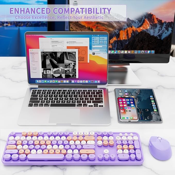 Wireless Keyboard and Mouse Combo, Retro Typewriter Keyboard with Round Keycaps, Full-Size Ergonomic, Purple, Ideal for Windows PC, Home, Office, and College