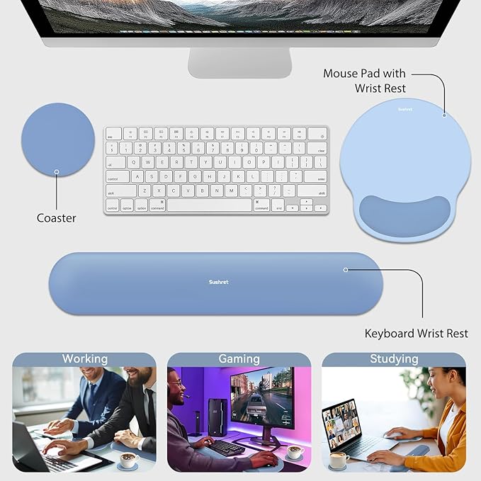 Sushret Mouse Pad and Keyboard Wrist Rest, 3-in-1 Gel Memory Foam Ergonomic Mouse Pad with Wrist Rest Set,Gaming Mousepad Arm Cushion Support for Computer Office Desk Accessories Cute Setup,Sky Blue