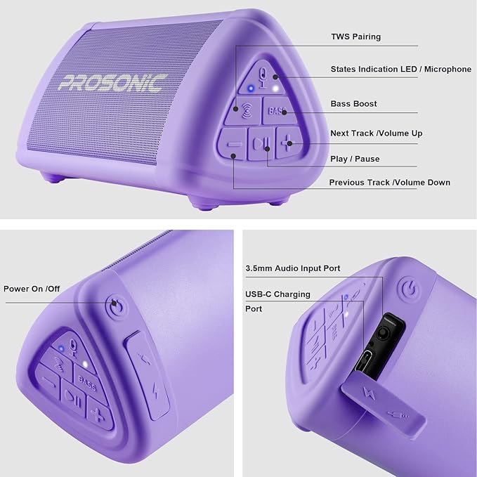 Prosonic BT3 Portable Wireless Bluetooth Speaker with 10W Stereo Sound & Bass Boost -Rich Sound & Intense Bass -Bluetooth 5.0 -Microphone -IPX5 - in & Outdoor Speaker (Purple)