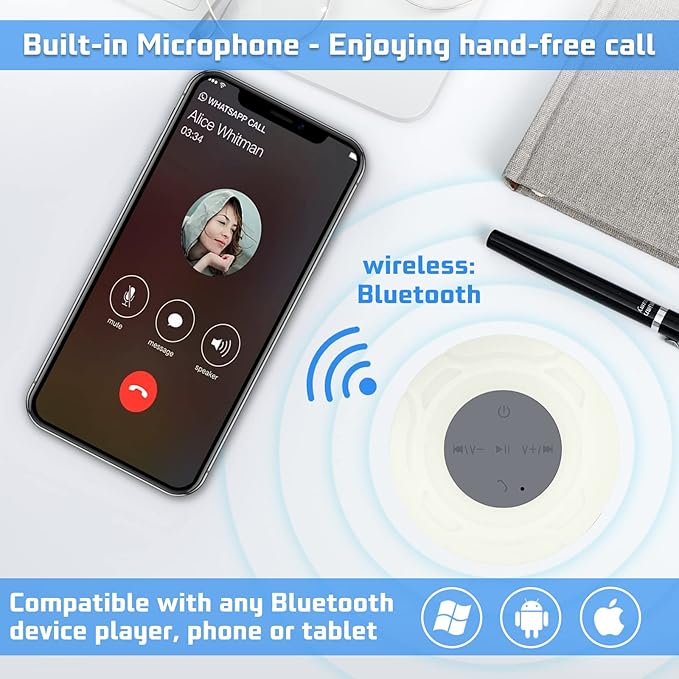 Waterproof Bluetooth Shower Speaker Portable Wireless Water-Resistant Speaker Suction Cup,Built-in Mic Gifts for Kids Speakerphone for iPhone Phone Tablet Bathroom Kitchen - White