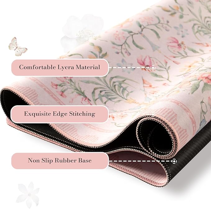 HAOCOO French Floral Desk Mat, Pink Desk Cover Mat, 35.4" x 15.7" Cute Long Mouse Pad, Aesthetic Flower Desktop Mat Accessories, Waterproof Teacher Desk Mat for Work, Study