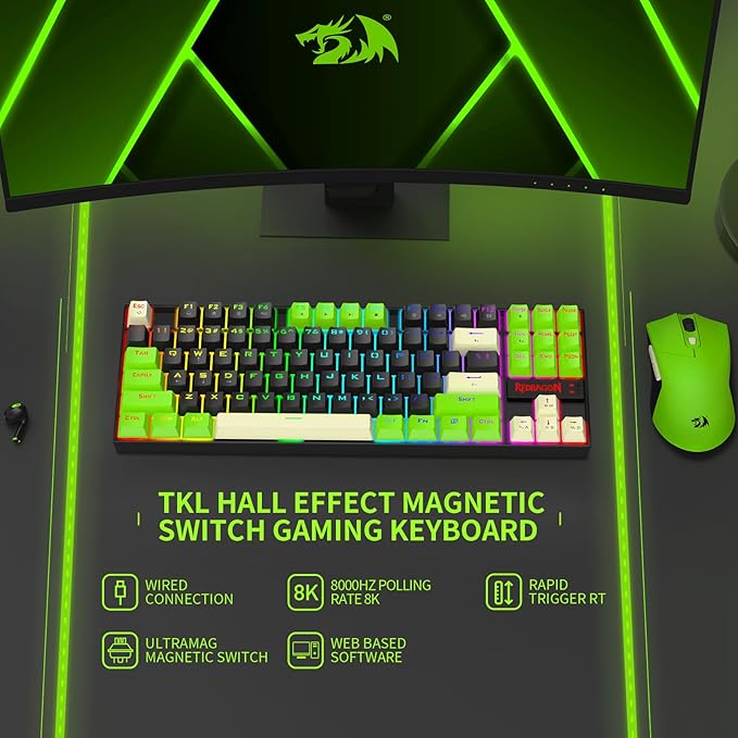 Redragon K552BGC-M TKL 80% Gaming Keyboard, Magnetic Linear Switches, 8000Hz Polling Rate, 14 RGB Backlight Modes, Hot-Swappable Keys, Compact Wired Mechanical Keyboard for PC Gamers
