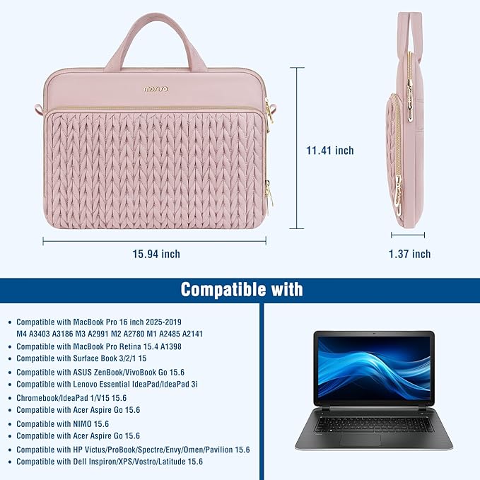 MOSISO 15.6 inch Laptop Shoulder Bag for Women, 15-16 inch Computer Bags Compatible with MacBook Pro 16 inch/Air 15 inch,HP Dell Lenovo ASUS, Wheat Ear Quilted Laptop Bag with Handle&Pocket, Pink