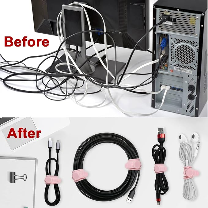 Nearockle 16Pcs Silicone Cable Straps Wire Organizer for Bundling Earphone, Phone Charger, Computer Cords, Reusable Cable Ties Cord Organizer in Home,Office,Kitchen,School(Pink) - Image 5