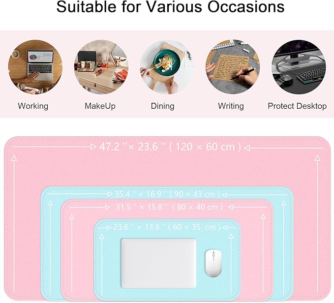 Dual-Sided Desk Mat, Large Pad, Waterproof Smooth PU Leather Blotter Protector, Mouse Pad, Desk Organizers, Office/Home Table Decor for Reading and Writing (Light Pink+Blue, 47.2''23.6'')