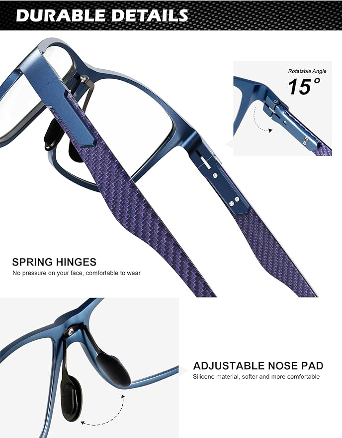 ANYLUV Carbon Fiber Reading Glasses for Men Women, Blue Light Blocking Computer Readers, Anti Glare Spring Hinge