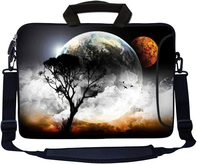 LSS 17-17.3" Laptop Sleeve Bag Compatible with Acer, Asus, HP, Sony, and More | Carrying Case Pouch w/Handle & Adjustable Shoulder Strap-Earth and Moon Eclipse