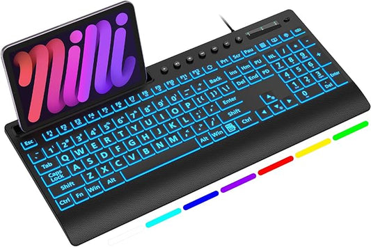 SABLUTE K31PRO Wired Keyboard with Large Print, Backlight Memory Function, Light up Computer Keyboards with Phone Holder & Wrist Rest, Quiet Keyboards for PC Laptop