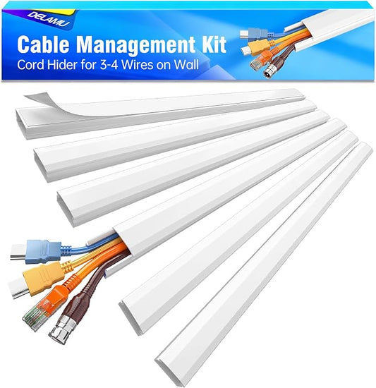 Delamu TV Cord Hider, Cord Covers for 3-4 Wires on Wall, Large Cable Hider Cable Management, Easy Set up Wire Hiders Wire Covers for Cords on Wall, TV Cables Cover Raceway, 6X W1.18 H0.67in, White by DELAMU