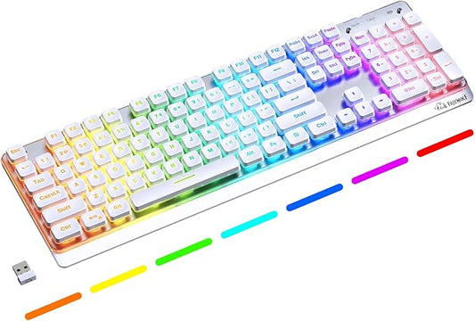 M104 Wireless Gaming Keyboard Mechanical Feel Wired/Bluetooth Quiet Membrane Keyboard with Numeric Keypad Full Size Metal Panel RGB 4000MAH Rechargeable for PC Gamer-White