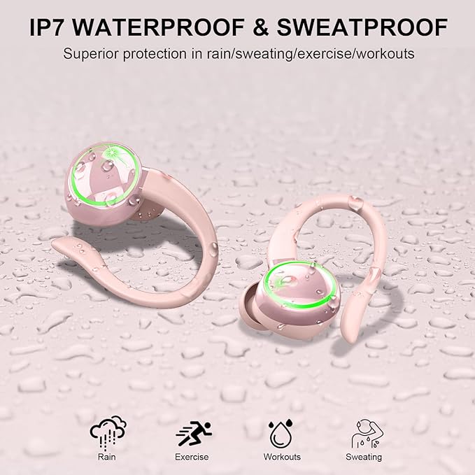 Wireless Earbuds, Bluetooth 5.4 Headphones Sports, 50H Playback Over-Ear Buds with ENC Noise Cancelling Mic, Deep Bass Fitness Earphones with Earhooks, IP7 Waterproof Headset for Workout Rose