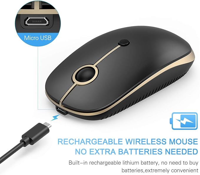 VssoPlor Type C Wireless Mouse USB C Rechargeable Portable Quiet Laptop Mouse USB and Type C Receiver Dual Mode Mice for PC, Laptop, MacBook, Tablet-Black Gold