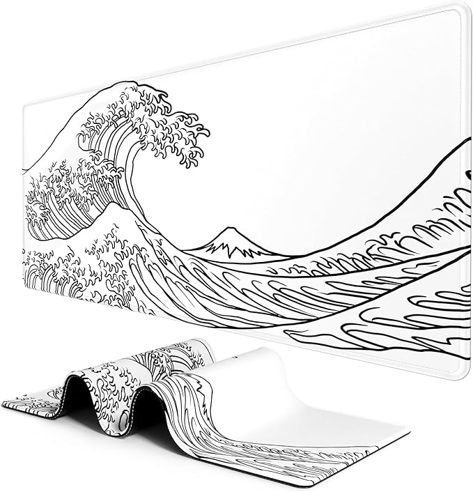BOSOBO Large Desk Mat, XXL Gaming Mouse Pad, Office & Home Full Cover 35.5 x 15.7 Inches, Art Kanagawa Surfing White
