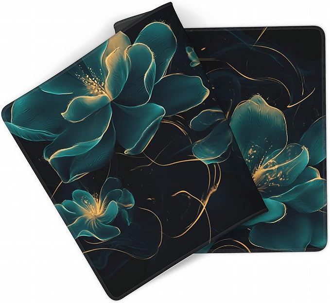 Floral Aesthetic Lotus Large Mouse Pad, Deep Blue Modern Desk Mat with Anti-Slip Base & Stitched Edges,35.4" x 15.7" in Desk Accessories for Women, Home Office Decor & Artistic Gift