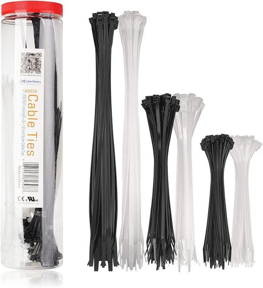 Cable Matters 200-Pack Cable Ties for Indoor and Outdoor, 6, 8, 12-Inch Self-Locking Nylon Zip Ties Assorted Sizes, Tie Wraps for Multiple Use, Self Locking Zipties, in Black and White by CableMatters
