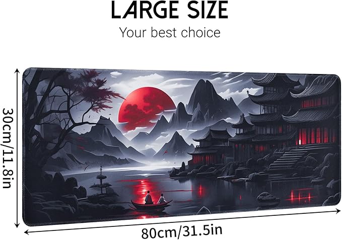 Large Gaming Mouse Pad, Anime Black Mousepad with Stitched Edges, Expanded Cool Desk Mat, Japanese Red Moon XL Keyboard Mat Suitable for Home Office,31.5 X 11.8 Inch