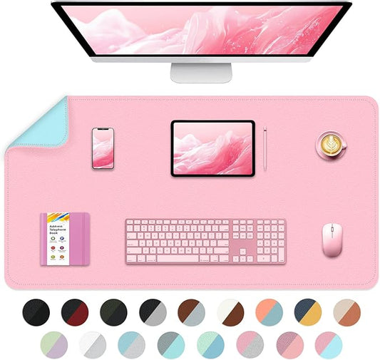 Bleswin Multifunctional Large Desk Mat, Double Sided Computer Desk pad, Extended Mouse Mat, Office Desk Protector with Waterproof PU Leather, 35.4''×16.9'', Office Home Writing Pad (Pink+Light Blue)
