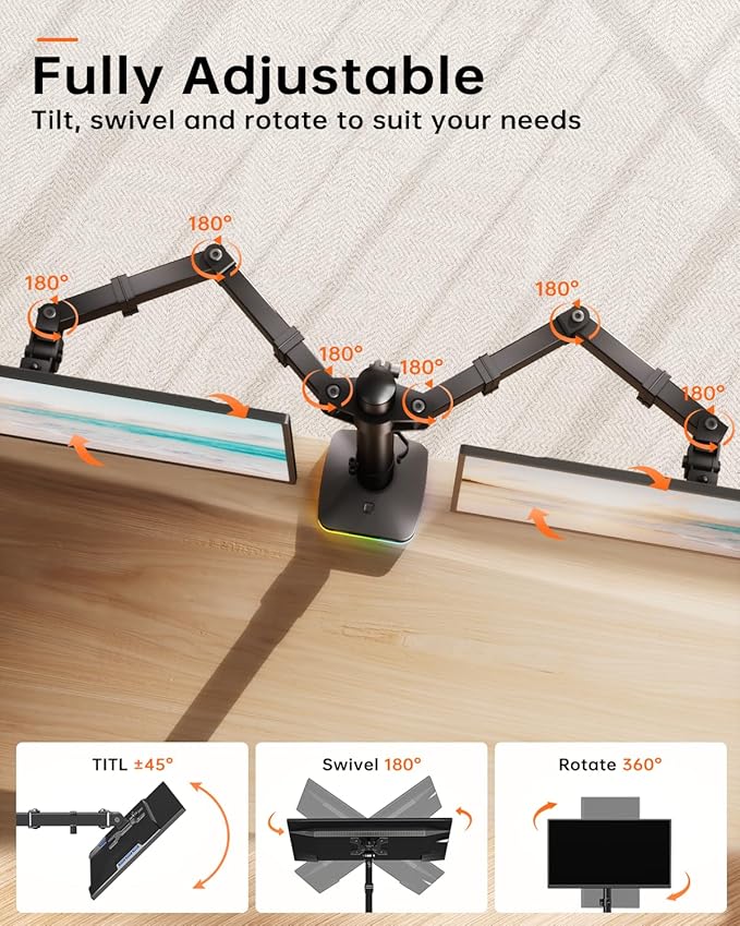 Afaloona RGB Dual Monitor Desk Mount, Monitor Stand with 3 USB Ports, Charging and USB Data Transfer Function, Adjustable Arms for 13-27" Monitors up to 17.6lbs, VESA 75x75-100x100mm,Ergonomic Design