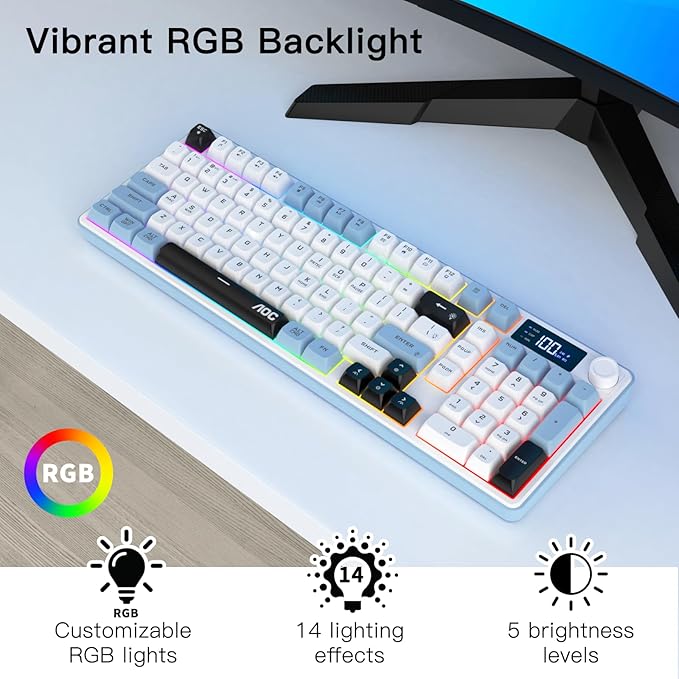 AOC GK210 Wireless Gaming Keyboard with Display & Knob, Tri-Mode BT5.0/2.4GHz/Wired Connectivity RGB Backlit Keyboard with Number Pad, 98-Key Layout, 26-Key Anti-Ghosting, Compatible for Mac, Windows