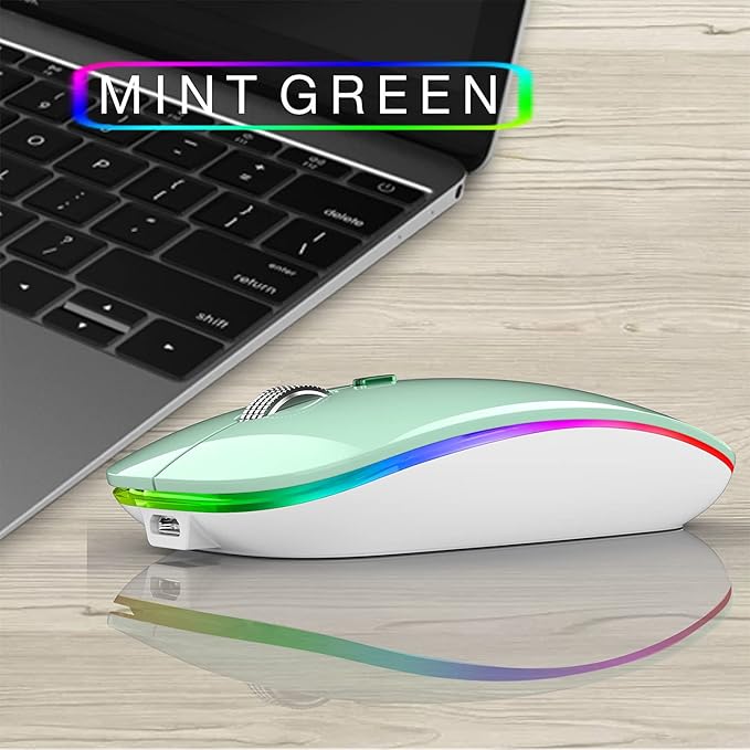 Uiosmuph LED Wireless Mouse, G12 Slim Rechargeable Silent Mouse, 2.4G Portable USB Optical Wireless Computer Mice with USB Receiver and Type C Adapter (Mint Green)