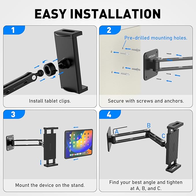 Adjustable Tablet Wall Mount, Aluminum iPad Wall Mount Holder with 360° Swivel, Extendable Wall Mount for 4.7-13" Phones & Tablets, Long Arm Foldable Bracket for iPad Pro/Air/Mini,Galaxy Tab, Kindle