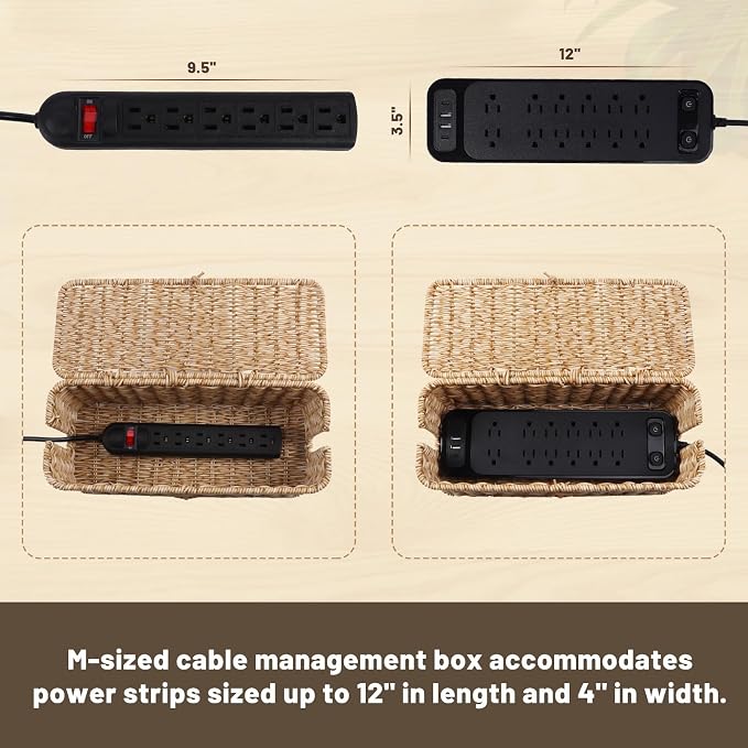 BROWNLILY Cable Management Box, Rattan Style Cord Organizer for Desk Cord Hider Outlet Covers Baby Proofing for Power Strip TV PC Router Charger Under Desk Storage - Natural Small - Image 4