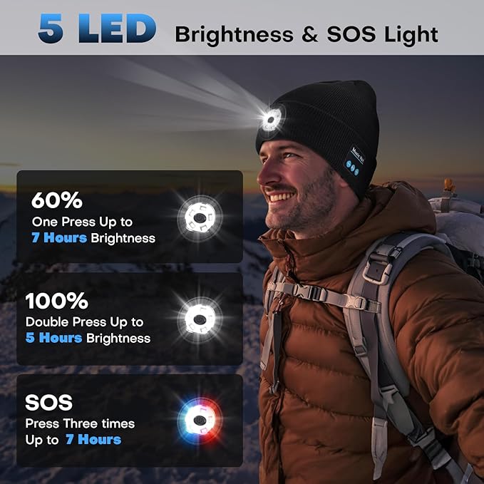 Bluetooth Beanie with Light, USB-C Charging 5 LED Flashlight Hat, Built-in Stereo Speakers Mic, Christmas Stocking Stuffers White Elephant Gifts for Men Dad Teens Boys for Camping Fishing