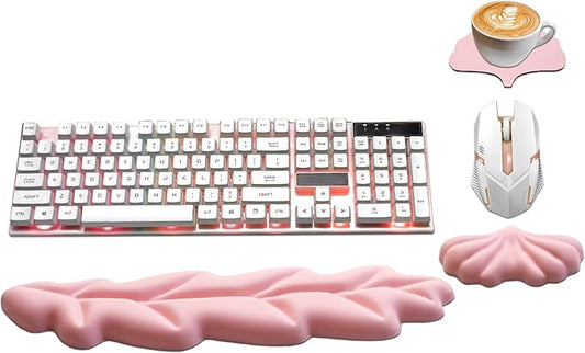 Ergonomic Keyboard Wrist Rest, Leaf Shape PU Leather Memory Foam Wrist Support for Computer Keyboard, Keyboard Pad and Cute Mouse Wrist Pad for Gaming,Office, Computer, Typing Pain Relief, Pastel Pink