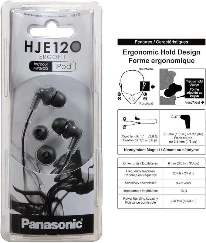 Panasonic ErgoFit Wired Earbuds, 3.5mm Jack Wired Headphones with Dynamic Crystal-Clear Sound and Ultra Soft Ergonomic Custom-Fit Earpieces (S/M/L), for Phones and Laptops, RP-HJE120-K (Black)