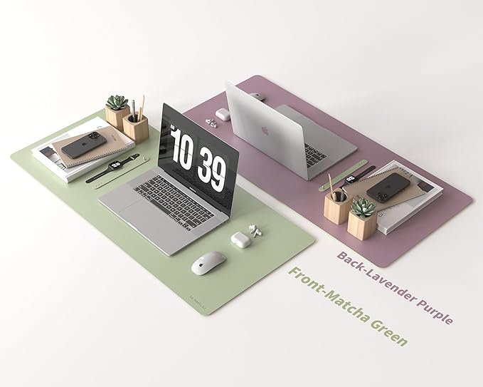 RENMTURE Double-Sided Two-Tone Faux Leather Desk mat Desktop Organization and Accessories Home and Office Large Mouse pad Game and Work (Matcha Green/Lavender Purple, 36"x17")