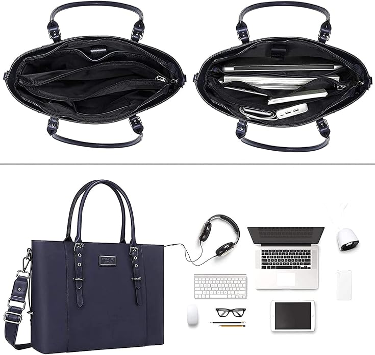 MOSISO Laptop Bag for Women, Waterproof Vintage PU Leather Briefcase Shoulder Computer Laptop Tote Bag for Office Work
