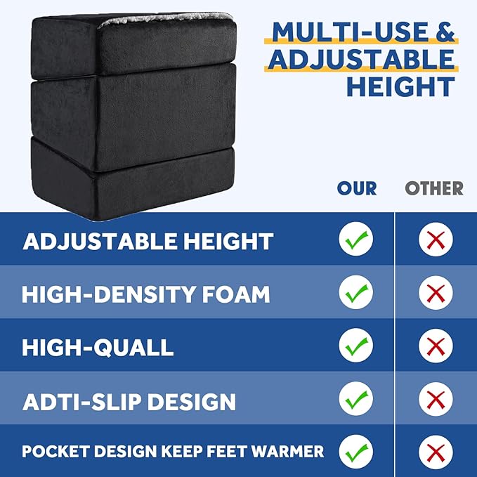 Foot Rest for Under Desk at Work, Adjustable Footrest for Office Chair & Gaming Chair,Ergonomic Footrest Pillow Desk Foot Stool with Washable Cover for Home, Airplane, Travel (Black)