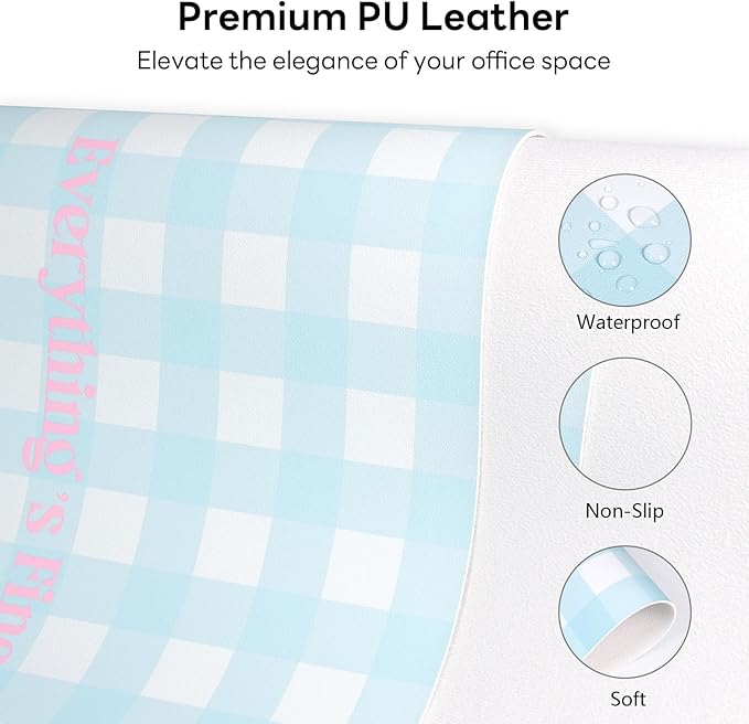 Checkered Pattern Desk Pad Protector, 35.5 x 13'' Aesthetic Mouse Mat for Desktop, Waterproof PU Leathe Non-Slip Desk Writing Pad for Office and Home, Blue and Pink