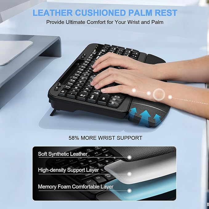 Ergonomic Wireless Keyboard with Cushioned Wrist Rest, Wave Keys, Phone Holder, Comfortable Natural Typing, 2.4GHz Full Size Cordless USB Computer Keyboard for Windows, Mac OS, Laptop, PC (Black)
