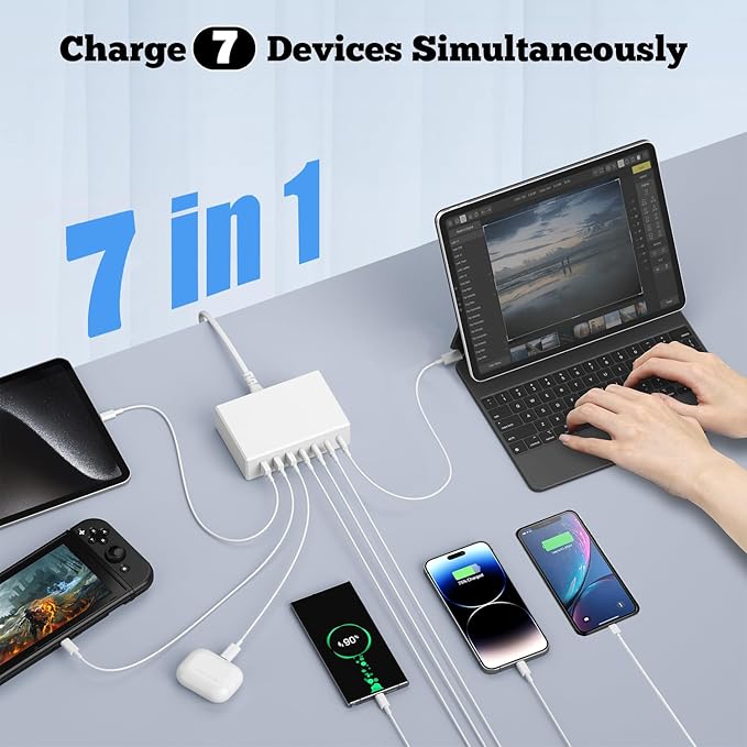 sccvee USB-C GaN 180W 7-Port Fast Charger - Compatible with MacBook, iPhone 12/13/14/15, Smartphones, Tablets & Other USB Devices