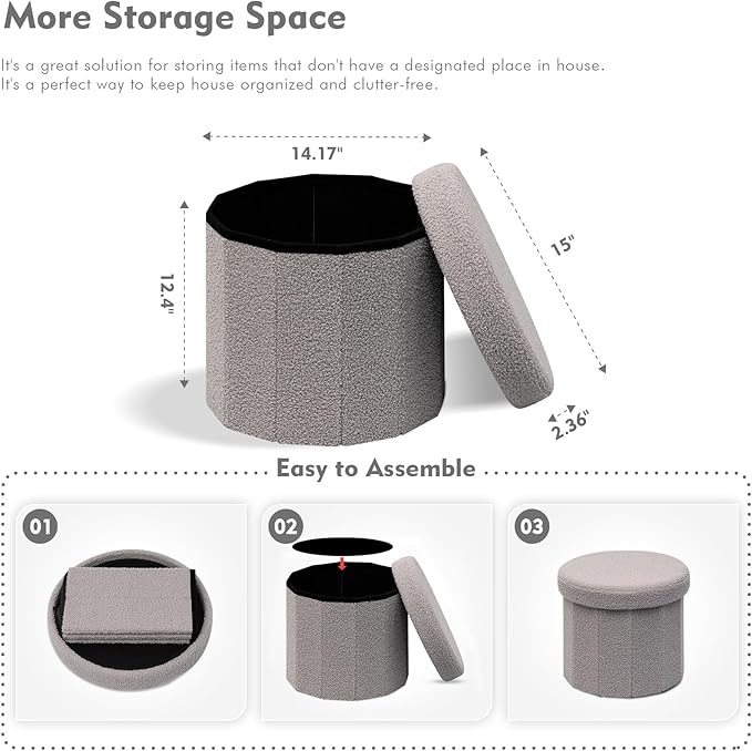 B FSOBEIIALEO Storage Ottoman Cube, Round Ottomans with Storage Foot Stool Footrest for Lving Room, Boucle Ottoman Seat for Dorm Room,Faux Teddy Fur, Grey 15"x15"x13.19"