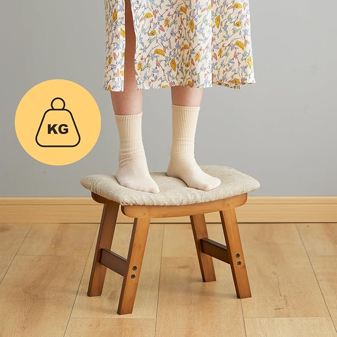 Foot Stool Ottoman Foot Rest Under Desk,Small Stool for Living Room, Bedroom and Kitchen (Brown Legs - Beige Stool Surface)