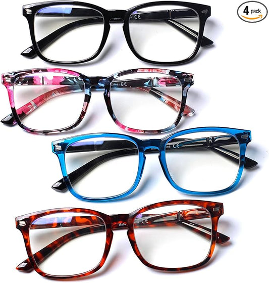 Henotin 4-Pack Blue Light Blocking Reading Glasses Women Men,Spring Hinge Computer Readers,Anti UV Ray Square Nerd Eyeglasses (Mixed Color-C, 2.50)