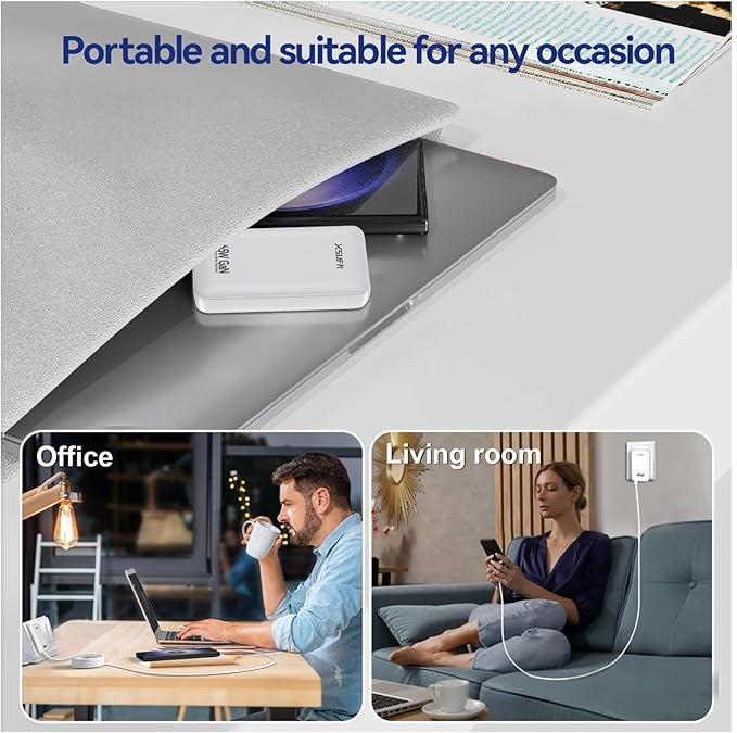 65W Flat USB C Wall Charger,2 Port Ultra-Slim USB C GaN Charger with Foldable Plug for MacBook, iPhone 16/15/14/13/12/11/Pro Max/XS/XR,Galaxy S24/S23/Note20,Includes 2.28ft Fast Charging Cable,White